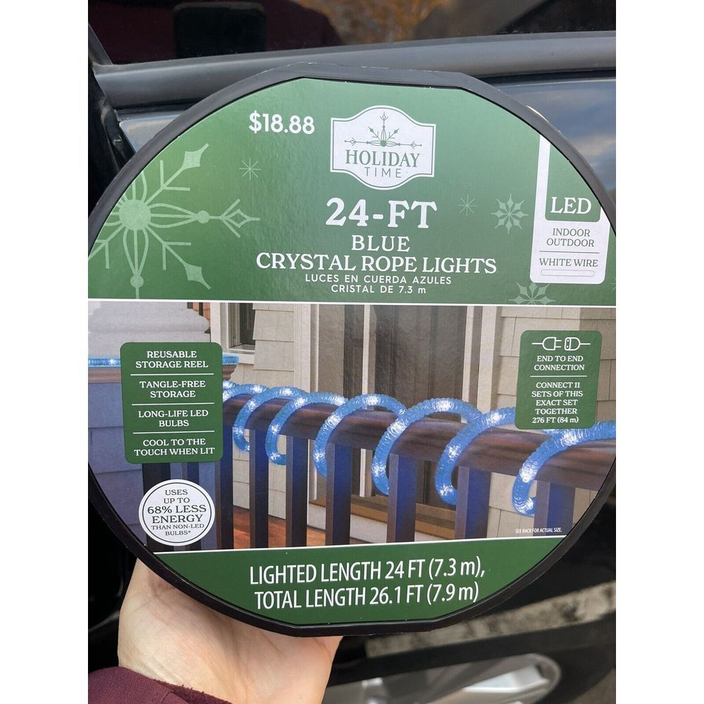 NEW! Holiday Time 24ft BLUE Crystal‎ Rope LED Lights Christmas White Wire